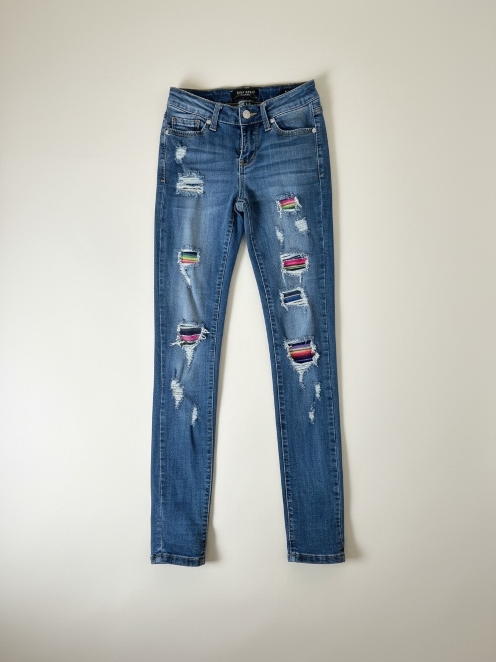 Judy Blue Blue Skinny Jeans with Colorful Striped Patch Details Size 0/24
